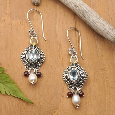 Alternate image for Blue Topaz Cultured Pearl Citrine Garnet and Silver Earrings Gemstone Glam