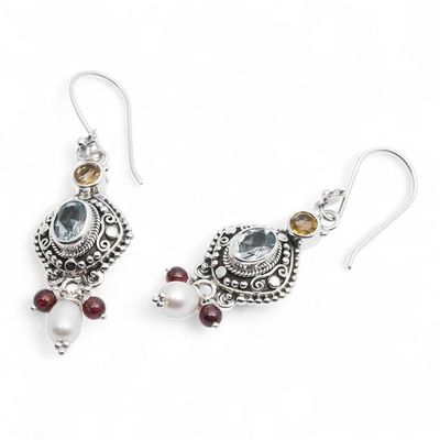 Alternate image for Blue Topaz Cultured Pearl Citrine Garnet and Silver Earrings Gemstone Glam