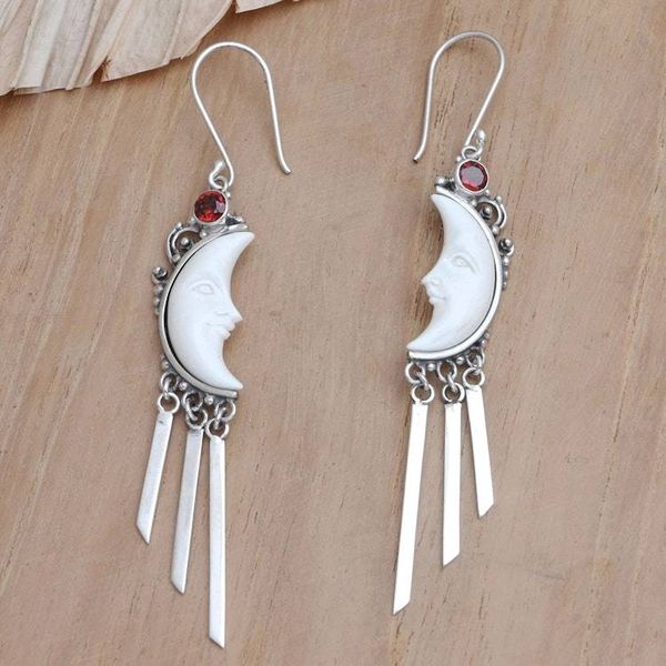 Alternate image for Garnet Dangle Earrings with Crescent Moon Motif Tasseled Moon