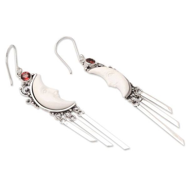 Alternate image for Garnet Dangle Earrings with Crescent Moon Motif Tasseled Moon