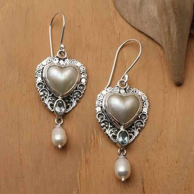 Primary image for Romantic Heart Cultured Pearl and Blue Topaz Dangle Earrings Loyal  In Love