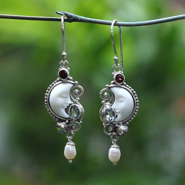 Alternate image for Balinese Moon-Themed 1-Carat Multi-Gemstone Dangle Earrings Lunar Bali