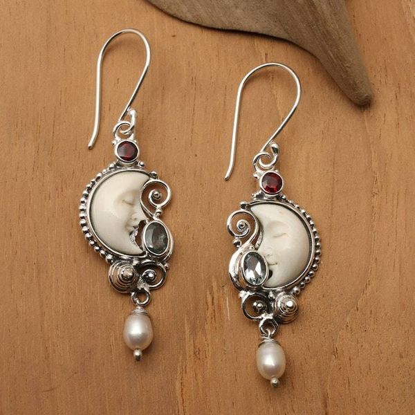 Alternate image for Balinese Moon-Themed 1-Carat Multi-Gemstone Dangle Earrings Lunar Bali
