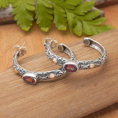 Alternate image for Vine-Themed Garnet Half-Hoop Earrings with 18k Golden Accent Garden of Romance