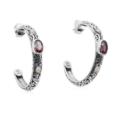 Alternate image for Vine-Themed Garnet Half-Hoop Earrings with 18k Golden Accent Garden of Romance