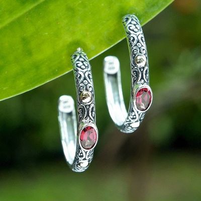 Alternate image for Vine-Themed Garnet Half-Hoop Earrings with 18k Golden Accent Garden of Romance