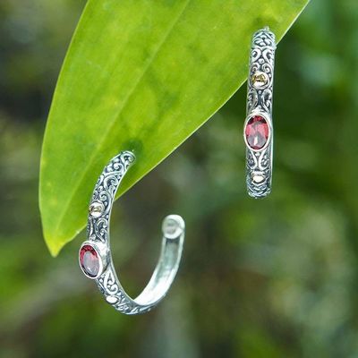 Alternate image for Vine-Themed Garnet Half-Hoop Earrings with 18k Golden Accent Garden of Romance
