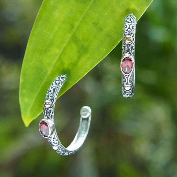 Alternate image for Vine-Themed Garnet Half-Hoop Earrings with 18k Golden Accent Garden of Romance