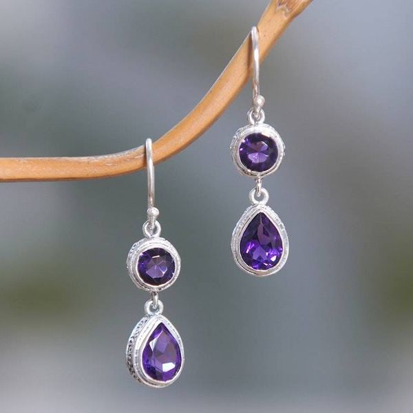 Alternate image for 925 Silver Dangle Earrings with Round  Pear Amethyst Stones Splendid Purple