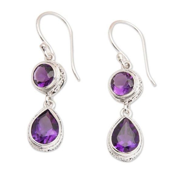 Alternate image for 925 Silver Dangle Earrings with Round  Pear Amethyst Stones Splendid Purple