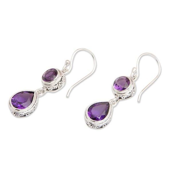 Alternate image for 925 Silver Dangle Earrings with Round  Pear Amethyst Stones Splendid Purple