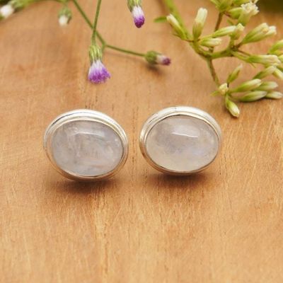 Alternate image for Sterling Silver Stud Earrings with Oval Rainbow Moonstones Oval Harmony