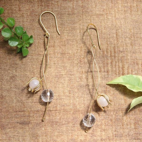 Alternate image for Floral Gold-Plated Rose Quartz and Cubic Zirconia Earrings Lux Minimalism