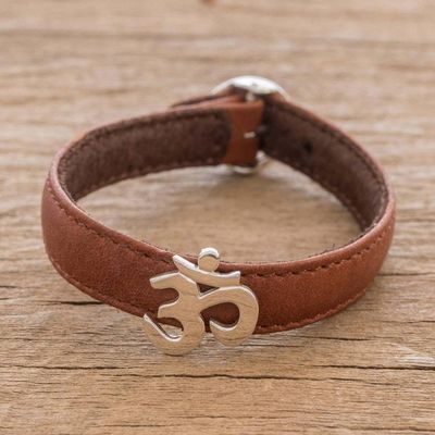 Alternate image for Brown Leather and Sterling Silver Om Bracelet Resplendent Om