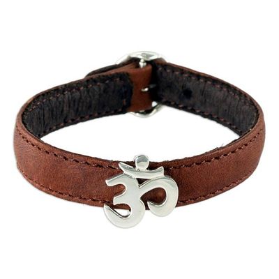 Alternate image for Brown Leather and Sterling Silver Om Bracelet Resplendent Om