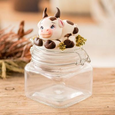 Alternate image for Hand-Painted Cow-Themed Papier Mache Decorative Jar Tenderness