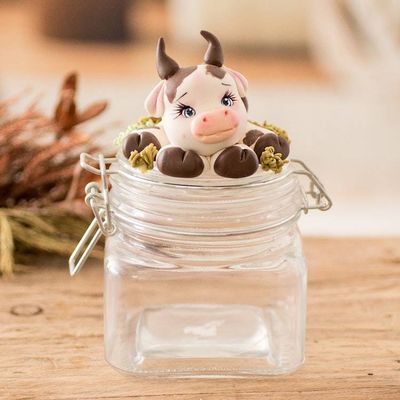 Alternate image for Hand-Painted Cow-Themed Papier Mache Decorative Jar Tenderness