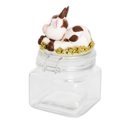 Alternate image for Hand-Painted Cow-Themed Papier Mache Decorative Jar Tenderness