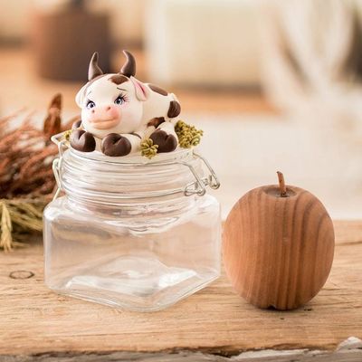 Alternate image for Hand-Painted Cow-Themed Papier Mache Decorative Jar Tenderness