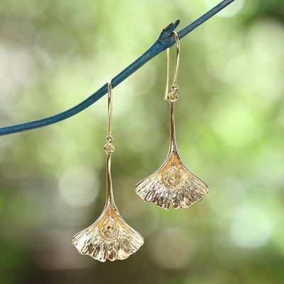 Alternate image for Ginkgo Leaf-Themed Textured 18k Gold-Plated Dangle Earrings Gorgeous Ginkgo