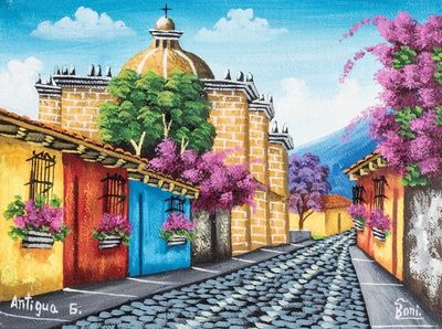 Alternate image for Oil Painting of Traditional Street in Antigua Guatemala Streets of Antigua Guatemala