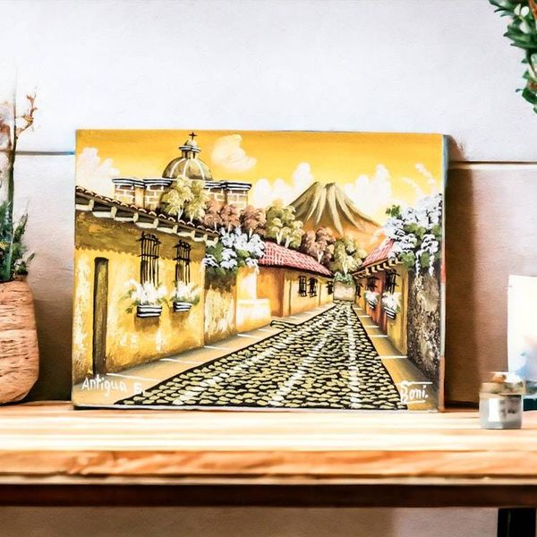 Alternate image for Oil Painting of Street in Antigua Guatemala in Yellow Shades Sunset in Antigua Guatemala