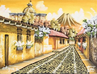 Alternate image for Oil Painting of Street in Antigua Guatemala in Yellow Shades Sunset in Antigua Guatemala
