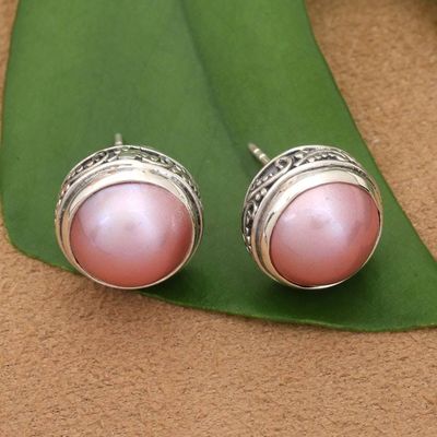 Alternate image for Silver Button Earrings with Pink Cultured Mabe Pearls Ethereal Moon