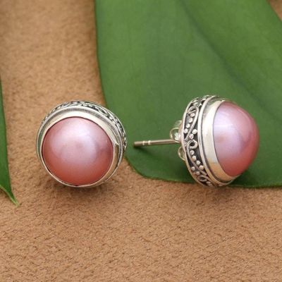 Alternate image for Silver Button Earrings with Pink Cultured Mabe Pearls Ethereal Moon