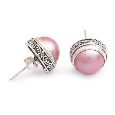 Alternate image for Silver Button Earrings with Pink Cultured Mabe Pearls Ethereal Moon