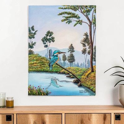 Alternate image for Realist Oil Painting of a Kingfisher Perched on a Branch Kingfisher