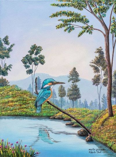 Alternate image for Realist Oil Painting of a Kingfisher Perched on a Branch Kingfisher