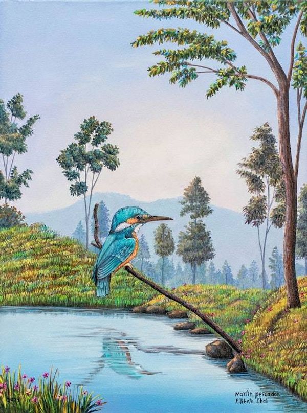 Alternate image for Realist Oil Painting of a Kingfisher Perched on a Branch Kingfisher