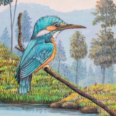 Alternate image for Realist Oil Painting of a Kingfisher Perched on a Branch Kingfisher