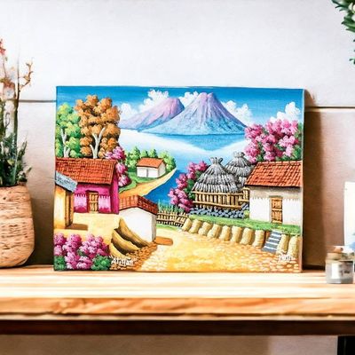 Alternate image for Colorful Guatemalan Oil on Canvas Painting of Lake Atitlan Morning in Atitlan
