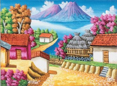 Alternate image for Colorful Guatemalan Oil on Canvas Painting of Lake Atitlan Morning in Atitlan