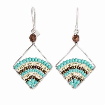 Alternate image for Glass Beaded Dangle Earrings With Sterling Silver Hooks Aqua Stripe Rainbow