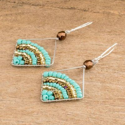 Alternate image for Glass Beaded Dangle Earrings With Sterling Silver Hooks Aqua Stripe Rainbow