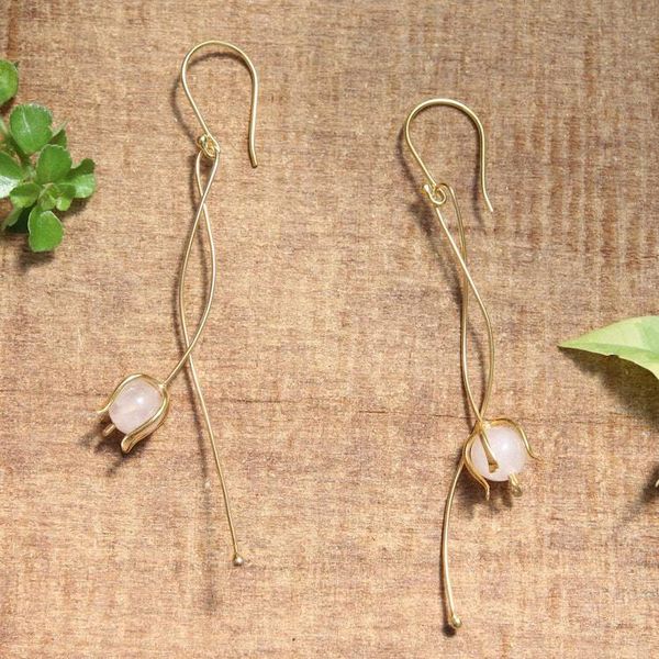 Alternate image for Floral Modern Gold-Plated Brass Rose Quartz Dangle Earrings Floral Minimalism