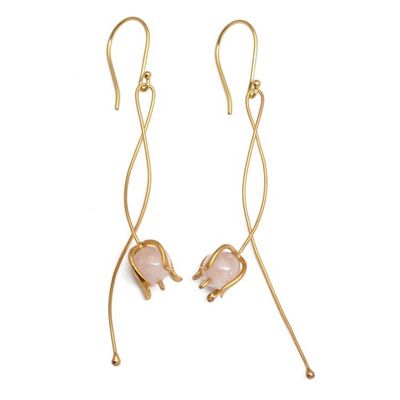 Alternate image for Floral Modern Gold-Plated Brass Rose Quartz Dangle Earrings Floral Minimalism