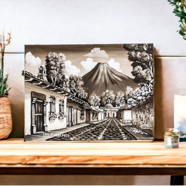 Alternate image for Grey White Black Oil Painting of Street in Antigua Guatemala San Francisco Street IV