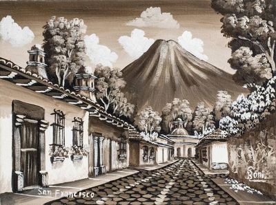 Alternate image for Grey White Black Oil Painting of Street in Antigua Guatemala San Francisco Street IV