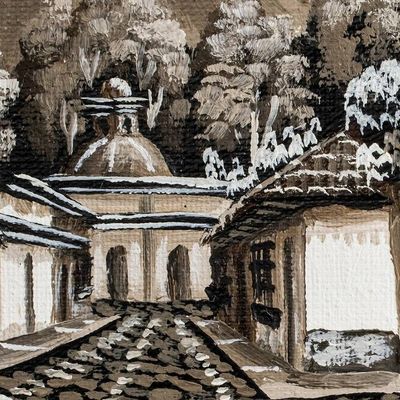 Alternate image for Grey White Black Oil Painting of Street in Antigua Guatemala San Francisco Street IV