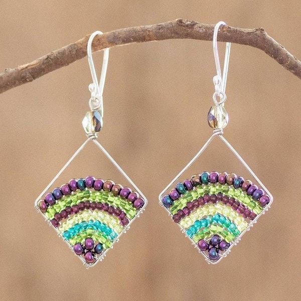 Alternate image for Handmade Green and Purple Glass Beaded Dangle Earrings Green and Purple Rainbow