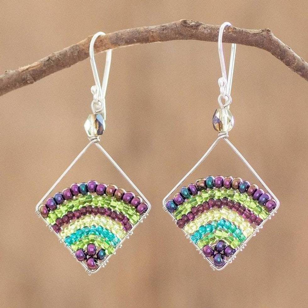 Handmade Green and Purple Glass Beaded Dangle Earrings 'Green and Purple Rainbow'