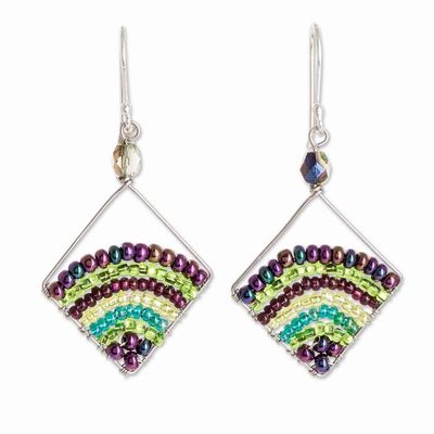 Alternate image for Handmade Green and Purple Glass Beaded Dangle Earrings Green and Purple Rainbow