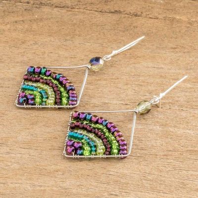 Alternate image for Handmade Green and Purple Glass Beaded Dangle Earrings Green and Purple Rainbow