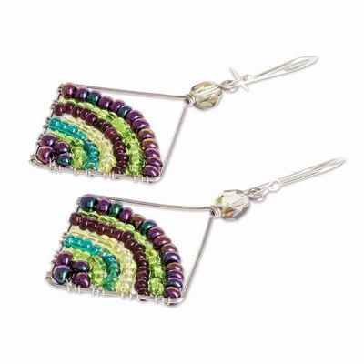 Alternate image for Handmade Green and Purple Glass Beaded Dangle Earrings Green and Purple Rainbow