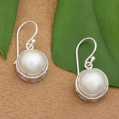 Alternate image for Bridal White Cultured Mabe Pearl Silver Dangle Earrings Full Moon