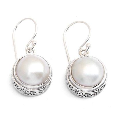 Alternate image for Bridal White Cultured Mabe Pearl Silver Dangle Earrings Full Moon